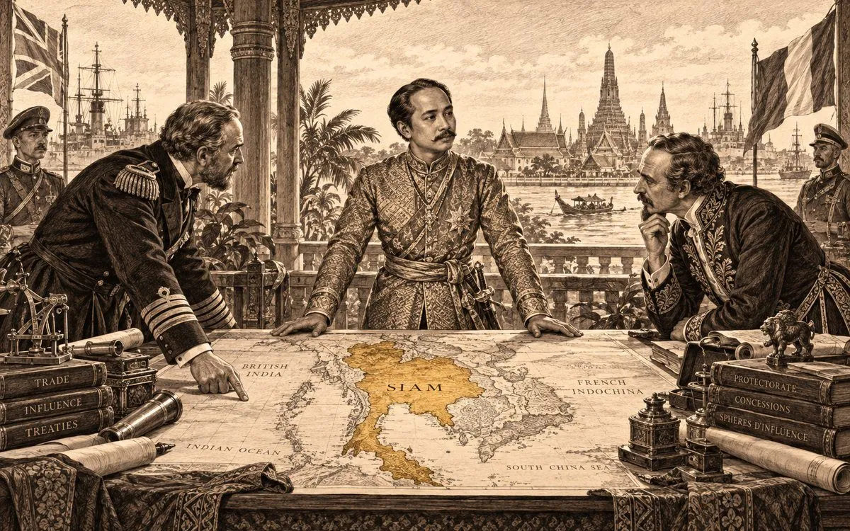 Król Syjamu i europejscy dyplomaci nad mapą Azji Południowo-Wschodniej